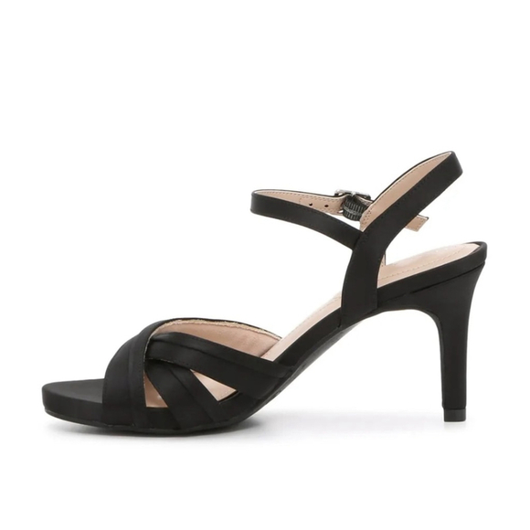 Kelly & Katie Simina Sandals | Black Satin Crisscross Heels | Size 8 - Picture 3 of 12